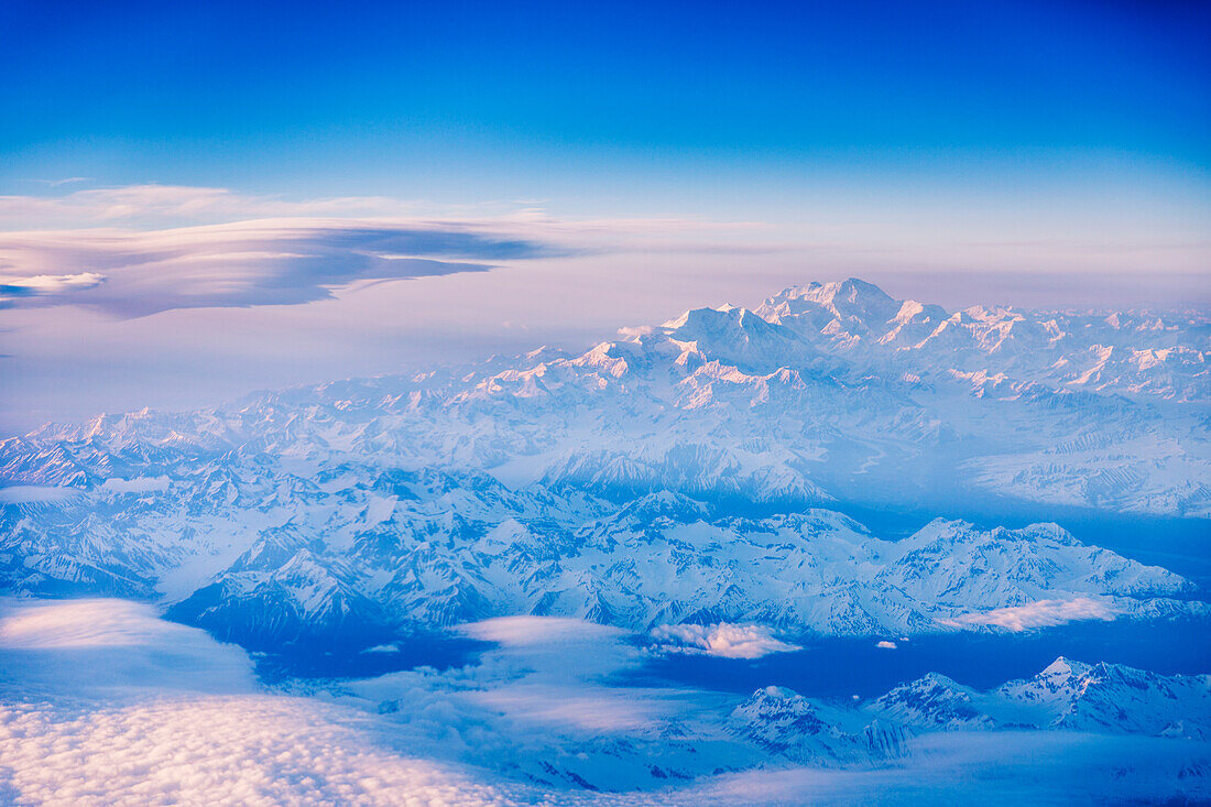 Aerial view lenticular clouds near Denali at sunset, Southcentral Alaska, USA