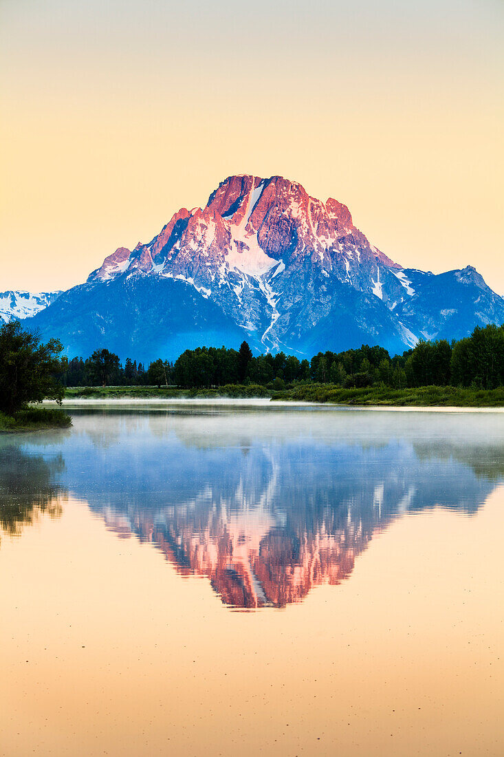 'Mount Moran from Oxbow Bend at dawn, Grand Teton National Park; Wyoming, United States of America'