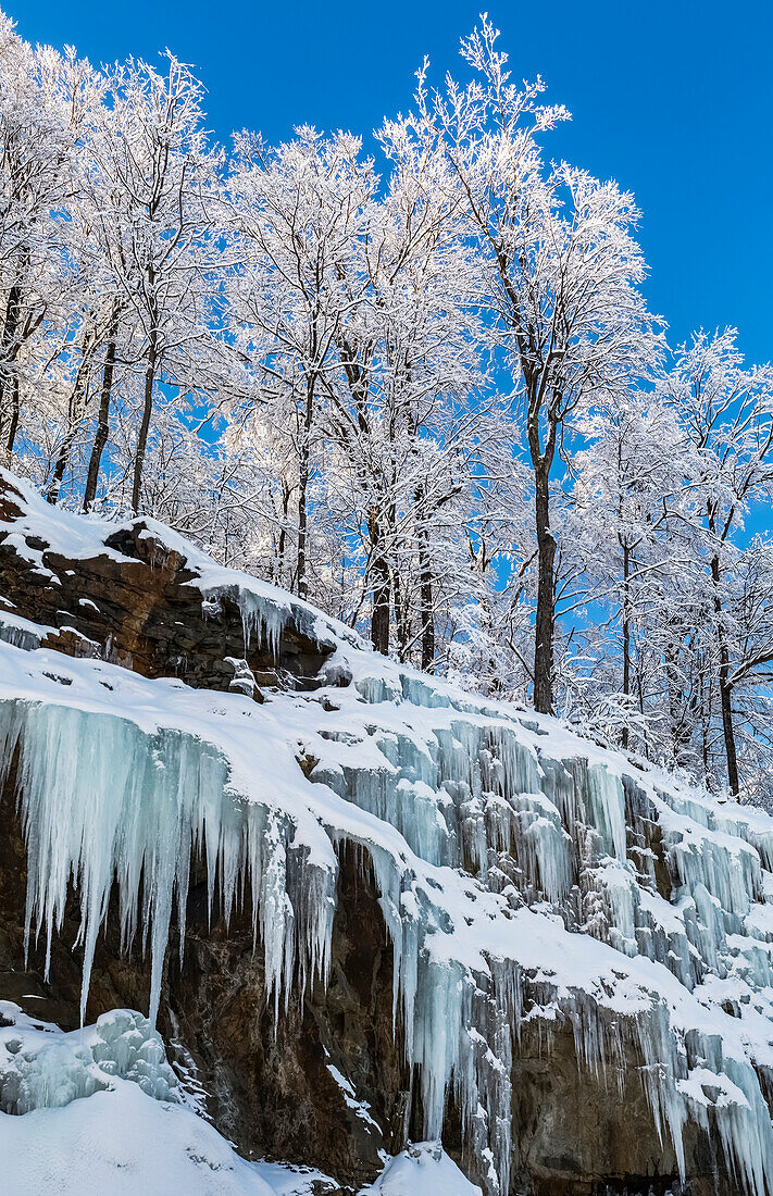 'Schnee bedeckte Bäume und Eis auf Felsen gegen einen blauen Himmel; Shefford, Quebec, Kanada'