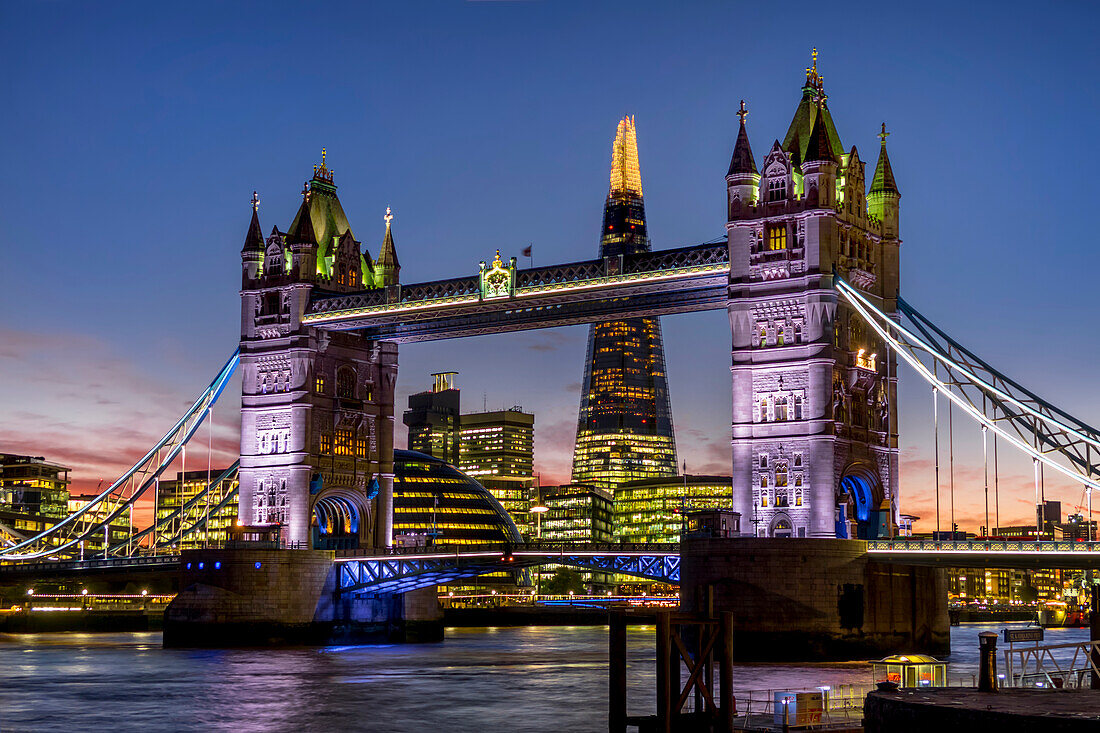 'Shard with Tower Bridge at sunset; London, England'