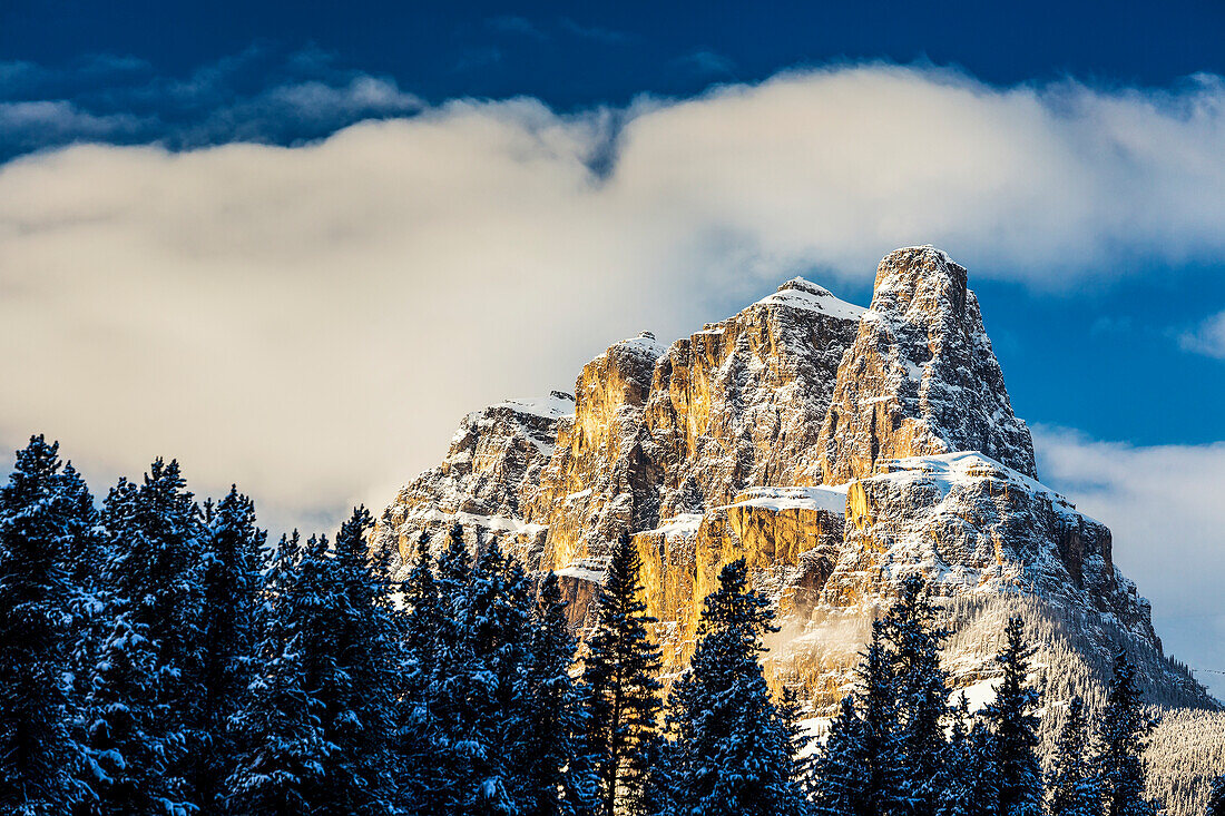 'Schnee bedeckt schroffen Berg und immergrüne Bäume mit blauem Himmel und Wolken; Banff, Alberta, Kanada'