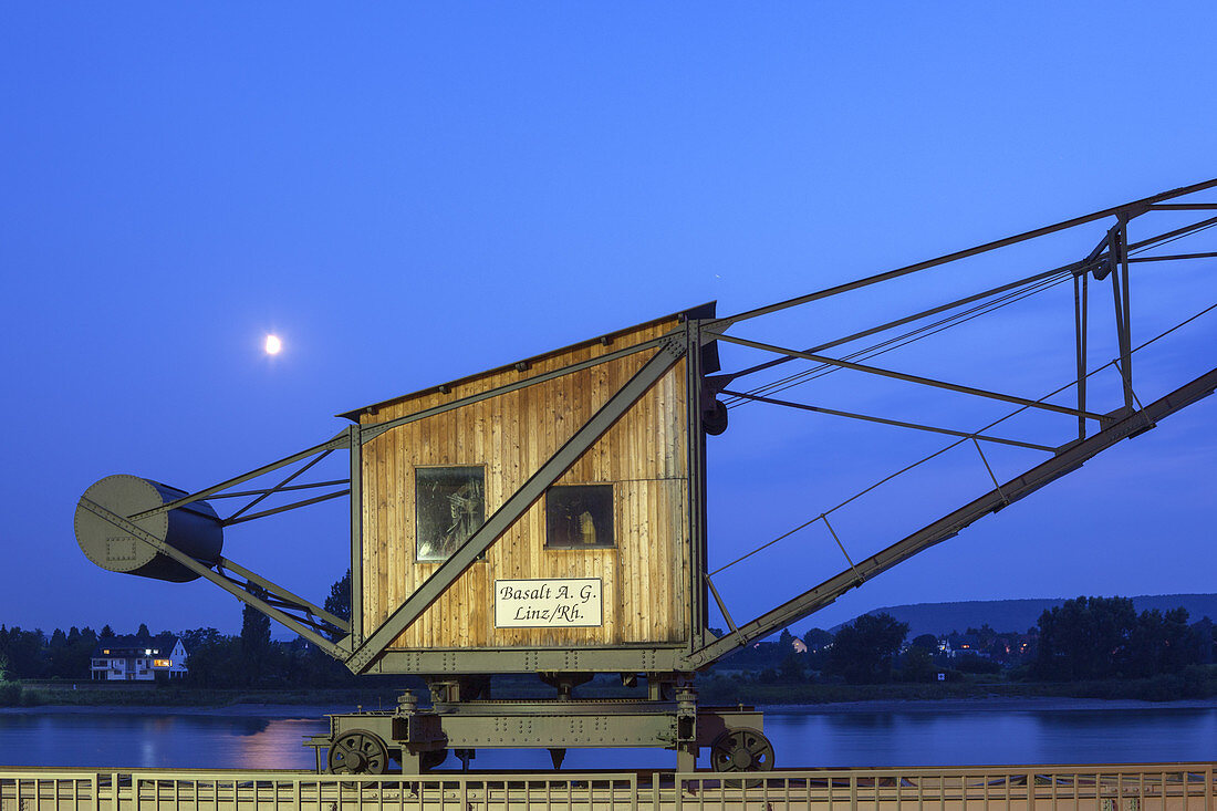 Historic freight crane of the Basalt AG in Linz by the river Rhine, Lower Central Rhine Valley, Rhineland-Palatinate, Germany, Europe