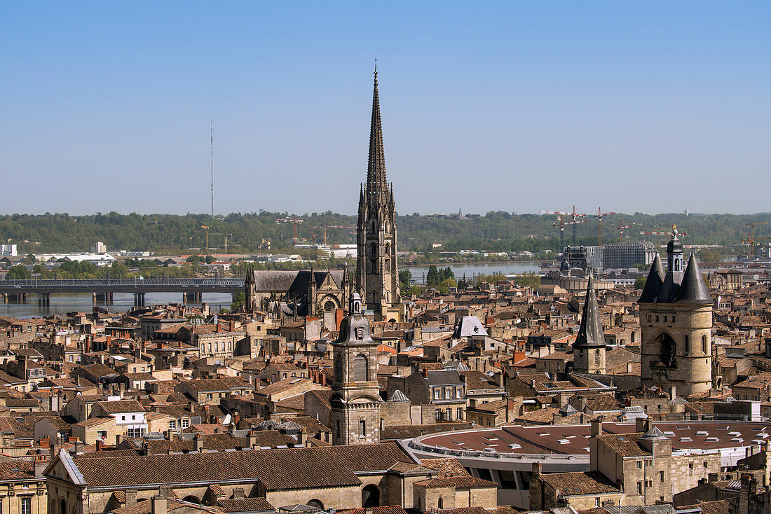 View over the roofs of the old town of Bordeaux with Basilica of St. Michael and the Great Bell of Bordeaux