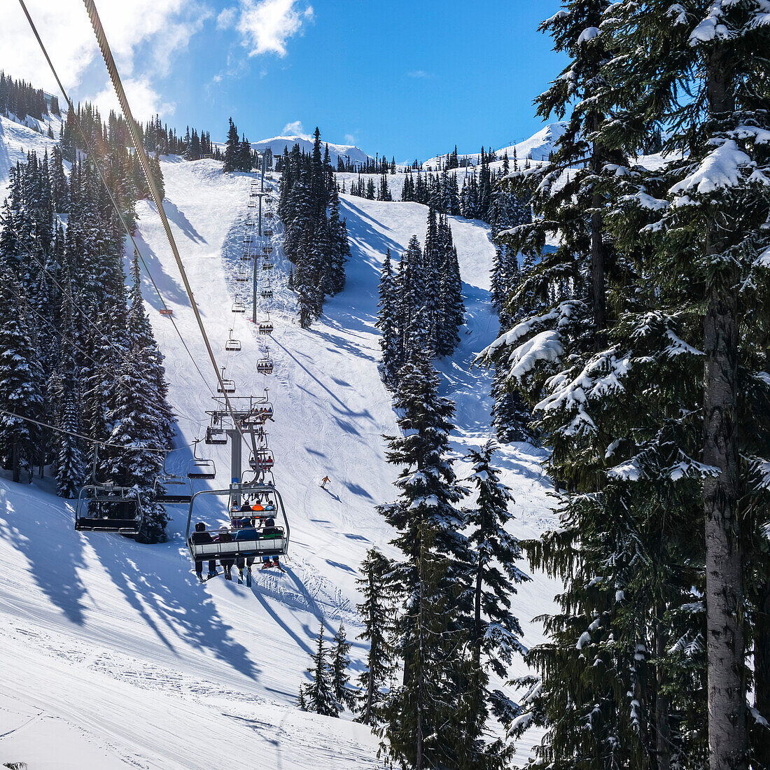 'Abfahrt Skifahrer Reiten eine Sesselbahn in einem Skigebiet; Whistler, Britisch-Kolumbien, Kanada'