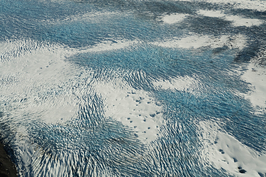 Aerial view of patterns in the snow and ice on the mountains of Fairweather Range, Glacier Bay National Park, Gulf of Alaska, Alaska, United States of America