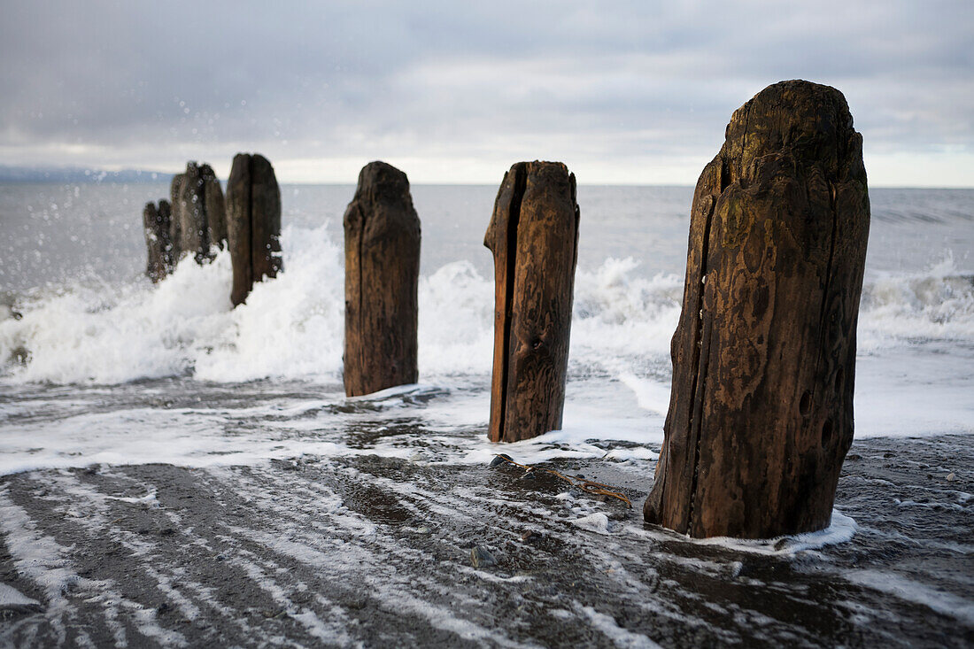Wellen, die gegen hölzerne Gezeitenposten in der Kachemak-Bucht spritzen, Alaska, Vereinigte Staaten von Amerika