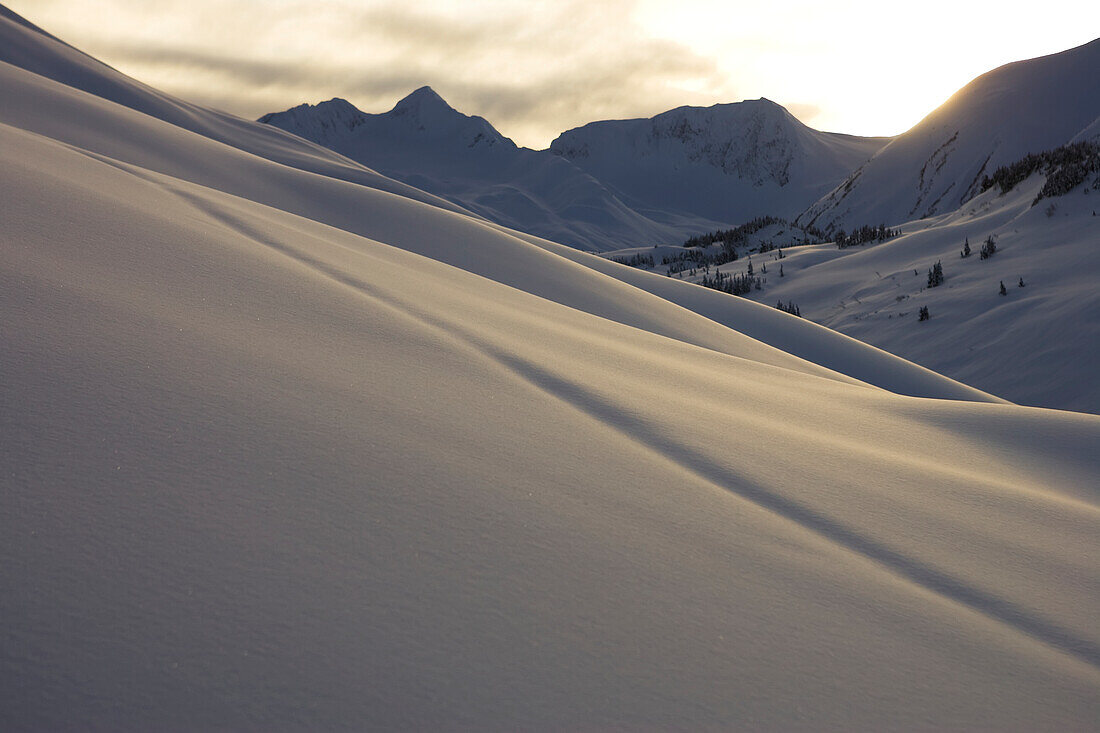 Snow covered slope in a mountain range at sunset, Alaska, United States of America
