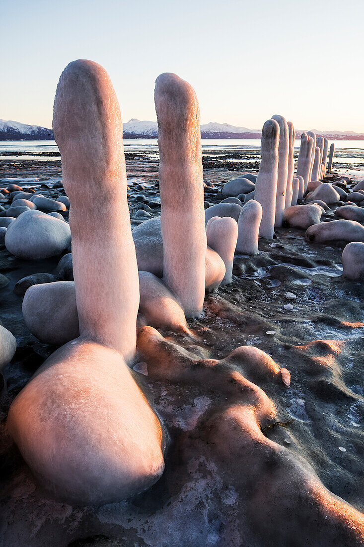 Felsen und Pfähle, die mit Schnee und Eis am Ufer des Wassers bedeckt sind, mit Blick auf die Küste und die Berge in der Ferne, Alaska, Vereinigte Staaten von Amerika