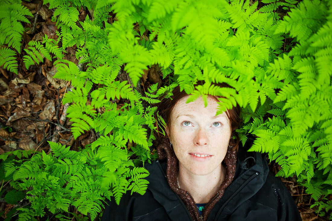 A woman lays her head on the forest floor among the bright green, lush ferns, Alaska, United States of America