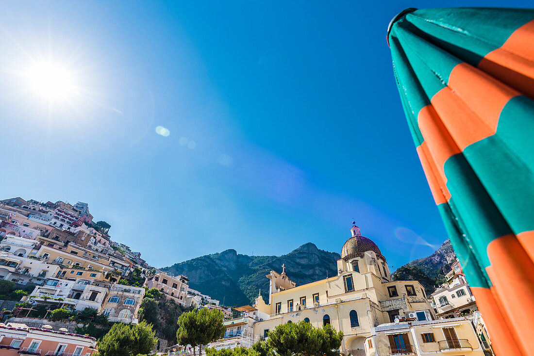 View from the beach at the steep coast, Positano, Amalfi Coast, Campania, Italy