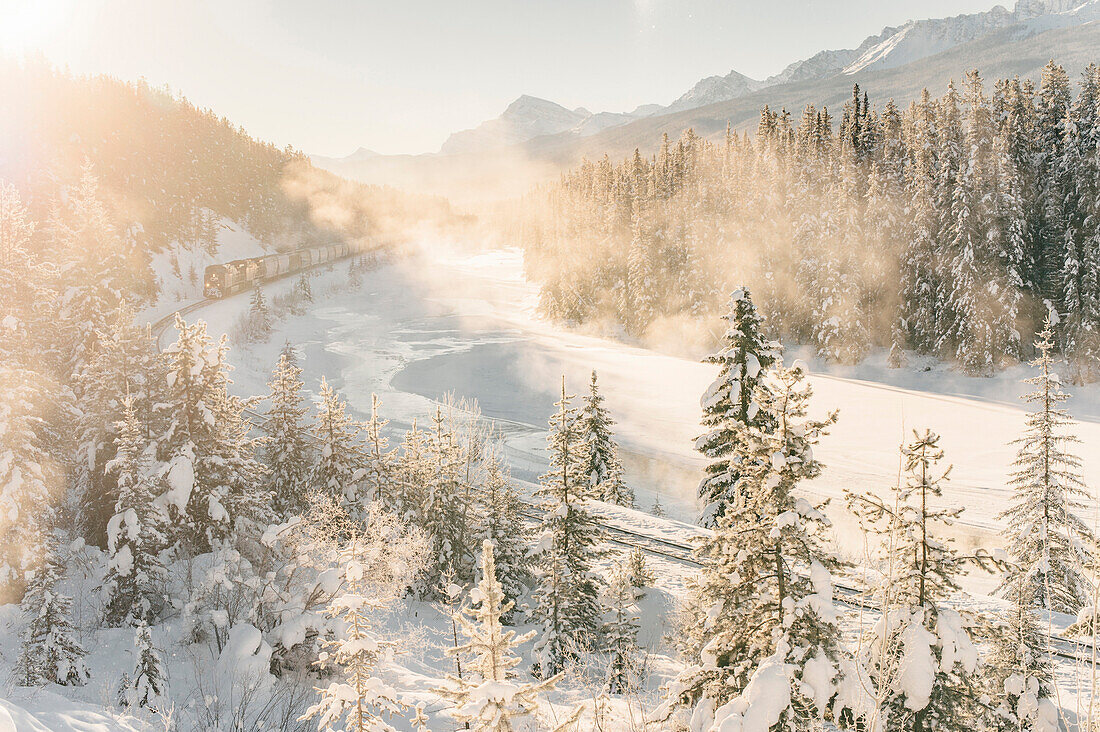 Train passing Morant´s Curve, Banff Town, Bow Valley, Banff National Park, Alberta, canada, north america