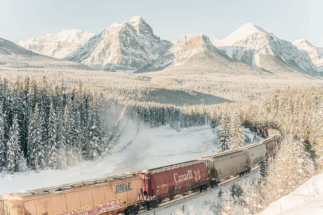 Train passing Morant´s Curve, Banff Town, Bow Valley, Banff National Park, Alberta, canada, north america
