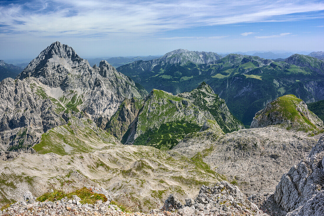 View from Grosser Hundstod towards Watzmann, Hoher Goell and Hagengebirge range, Grosser Hundstod, National Park Berchtesgaden, Natural Park Kalkhochalpen, Salzburg, Austria