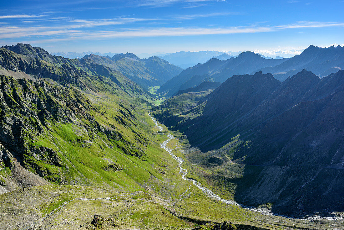 View to valley Alpeiner Tal, from Aperer Turm, Stubai Alps, Tyrol, Austria