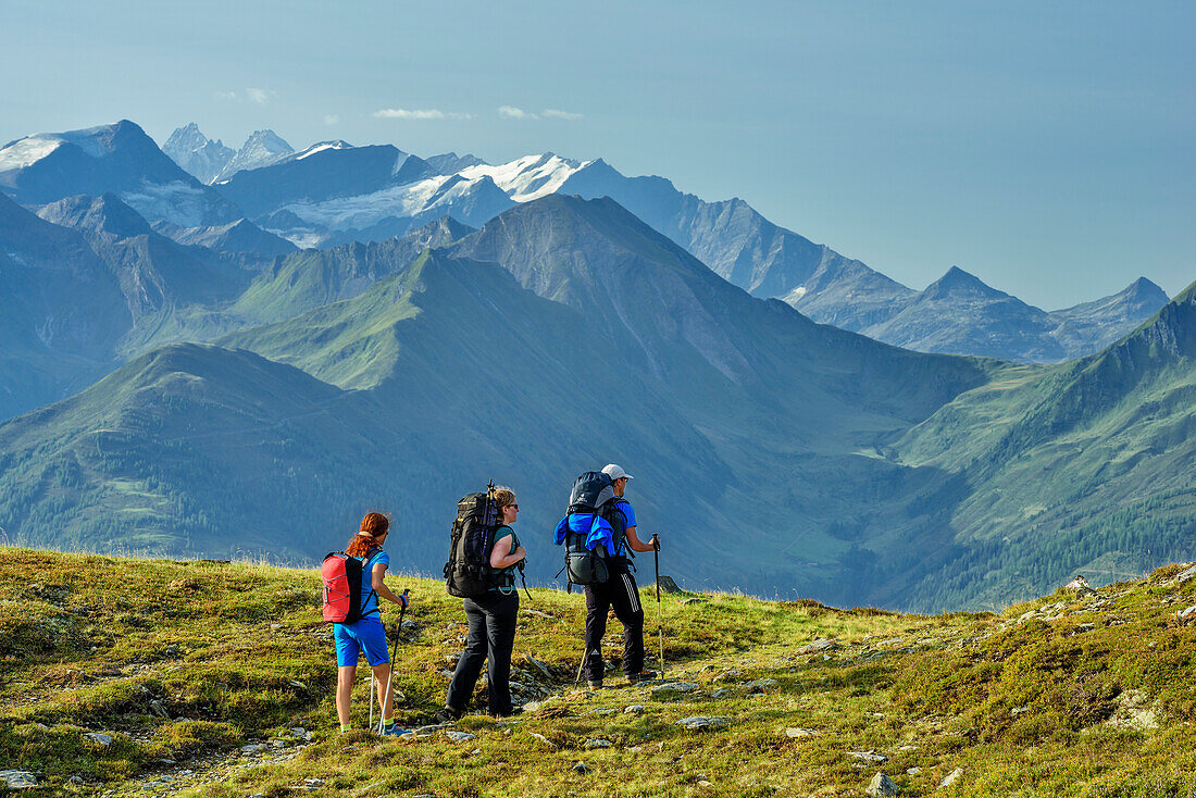 Three persons hiking at Pinzgau walk, High Tauern with Grossglockner in background, Pinzgau walk, Kitzbuehel Alps, Salzburg, Austria
