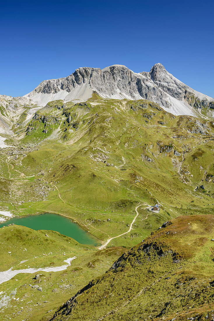 View towards cirque Zaunerkar with lake Zaunersee and Grosses Mosermandl, Stierkarkopf, valley Riedingtal, Radstadt Tauern, Lower Tauern, Carinthia, Austria