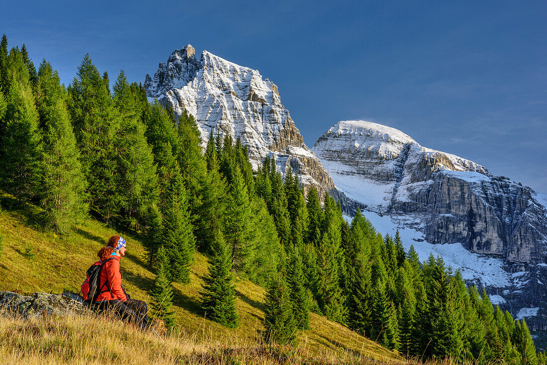 Woman hiking looking towards Tribulaun, valley Pflerschtal, Stubai Alps, South Tyrol, Italy