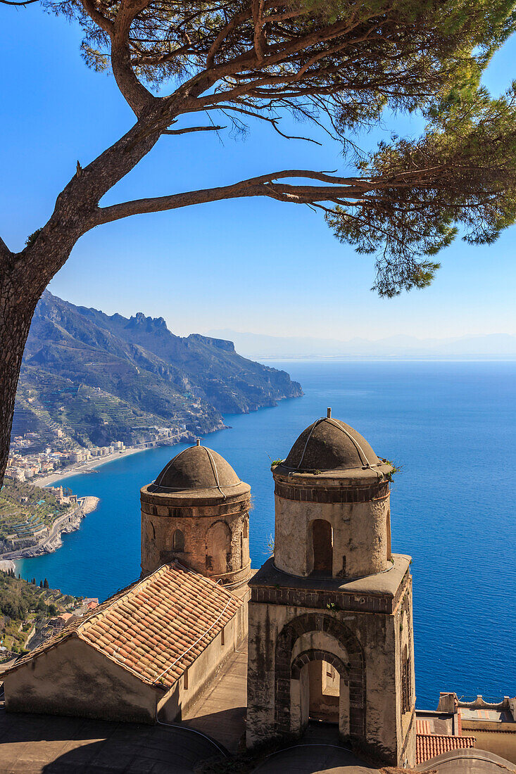 Iconic Amalfi Coast, church and umbrella pine from Villa Rufolo Gardens, Ravello, UNESCO World Heritage Site, Campania, Italy, Europe