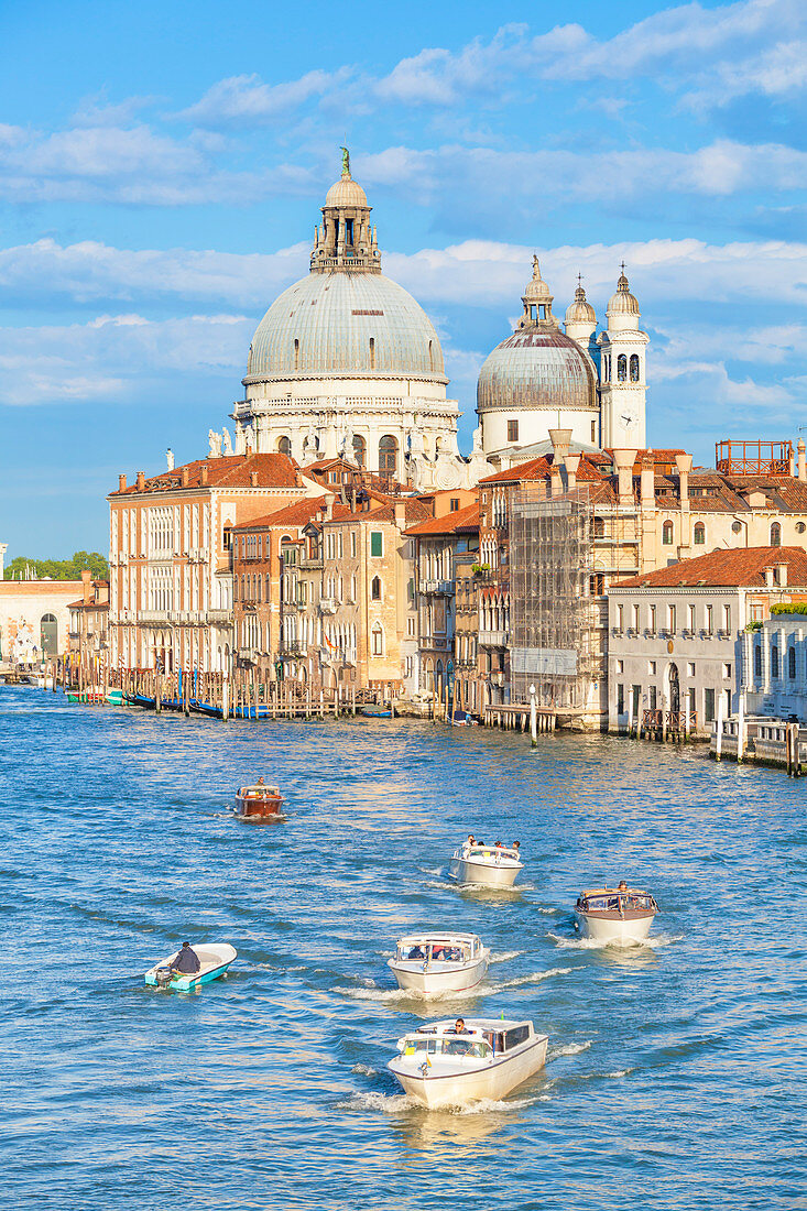 Vaporettos (Wassertaxis) vorbei an der großen Kirche Santa Maria della Salute, am Canal Grande, Venedig, UNESCO Weltkulturerbe, Venetien, Italien, Europa