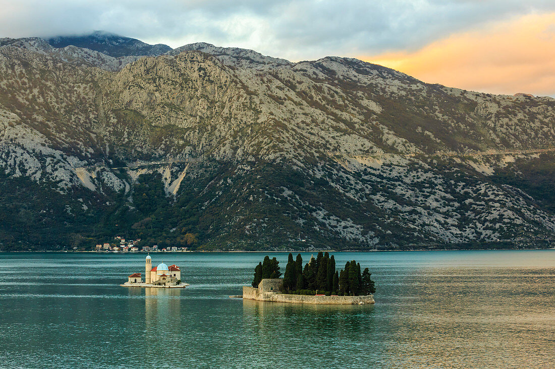 Our Lady of the Rocks and St. George's Islands, sunset, near Perast, Bay of Kotor, UNESCO World Heritage Site, Montenegro, Europe