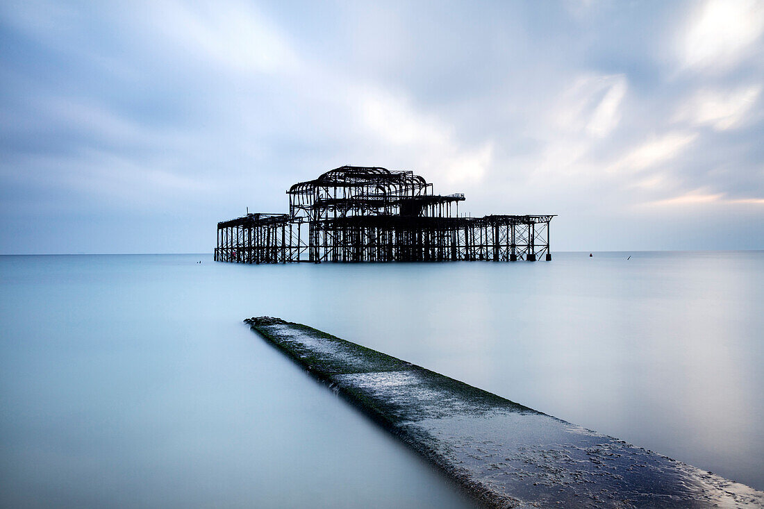 Long exposure image of Brighton's derelict West Pier, Brighton, East Sussex, England, United Kingdom, Europe