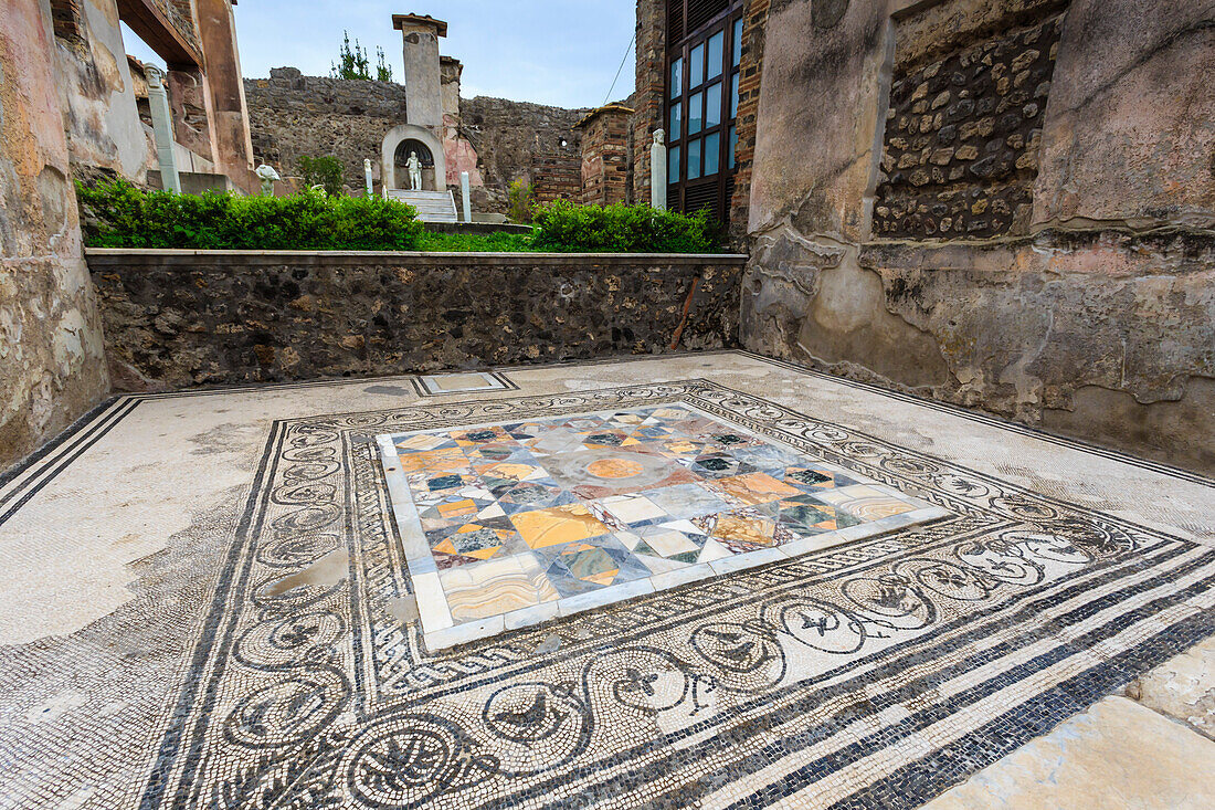Mosaik, Haus von Marcus Lucretius in der Via Stabiana, Roman Pompeji, UNESCO Weltkulturerbe, in der Nähe von Neapel, Kampanien, Italien, Europa