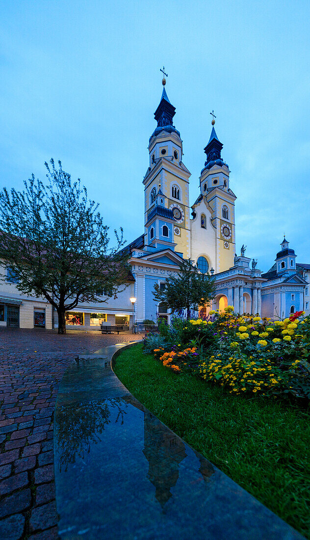 Panoramic of the Cathedral of Brixen (Bressanone) illuminated at night, province of Bolzano, South Tyrol, Italy, Europe