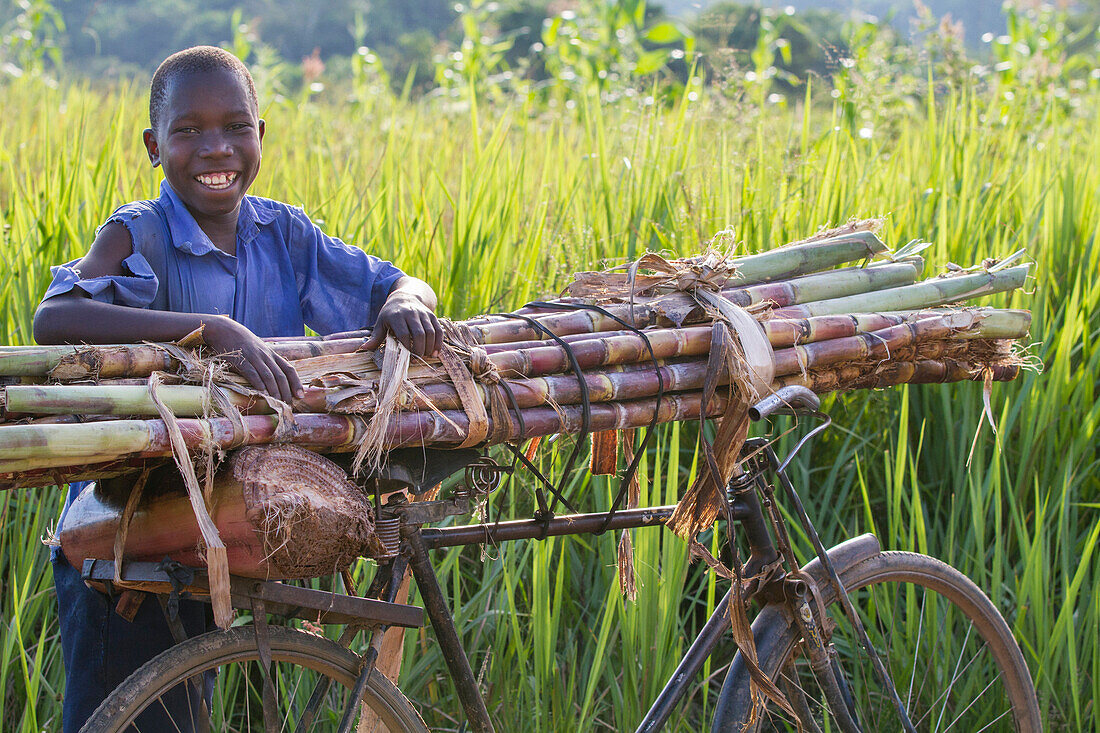 Ein Junge lächelt, als er sich eine Pause von einem Haufen Zuckerrohr auf seinem Fahrrad, Uganda, Afrika