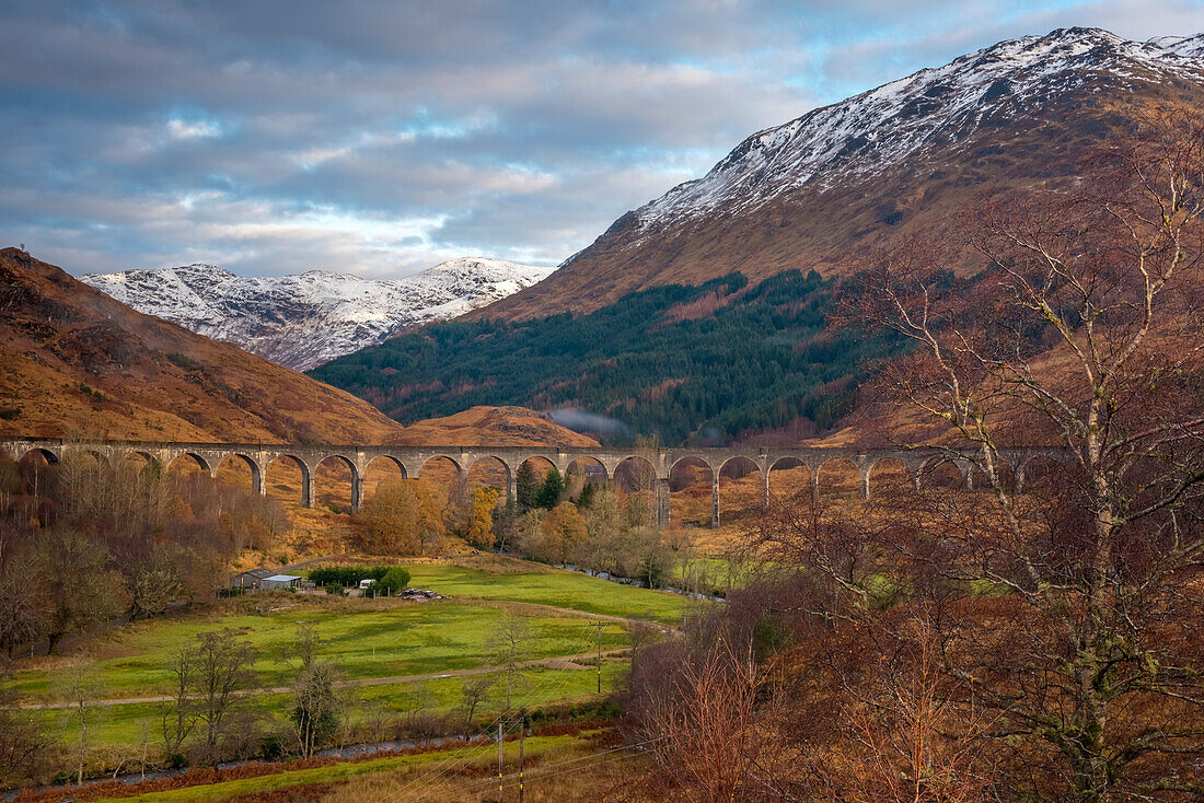 Glenfinnan Railway Viaduct, part of the West Highland Line, made famous in JK Rowling's Harry Potter, Glenfinnan, Loch Shiel, Highlands, Scotland, United Kingdom, Europe