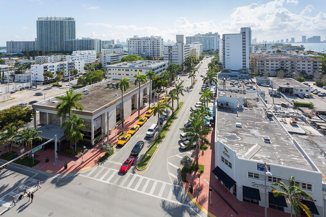 Elevated view of street in South Beach and Downtown, Miami Beach, Miami, Florida, United States of America, North America