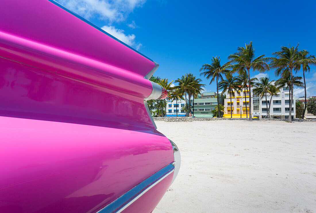 Classic car on Ocean Drive and Art Deco architecture, Miami Beach, Miami, Florida, United States of America, North America