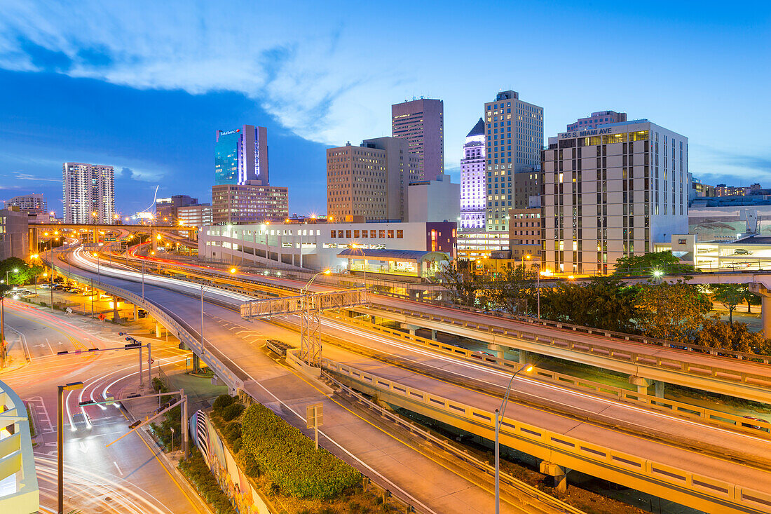 View of Downtown Miami from Metrorail Station, Miami, Florida, United States of America, North America