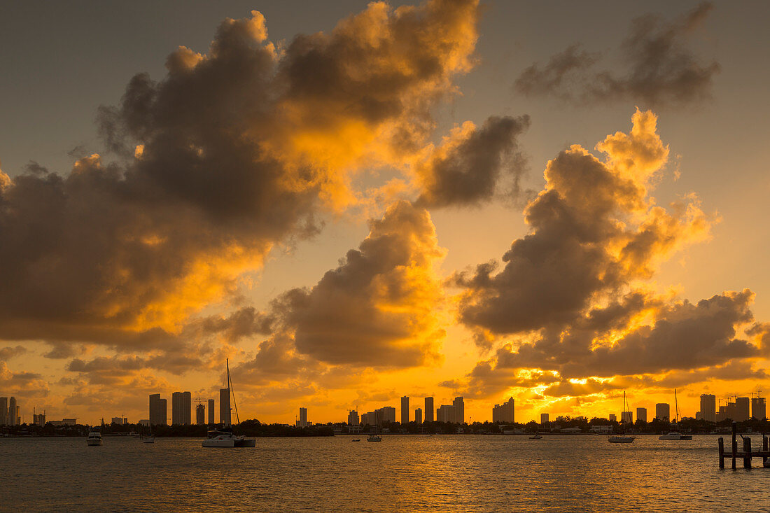 View of Downtown from South Beach at sunset, Miami Beach, Miami, Florida, United States of America, North America
