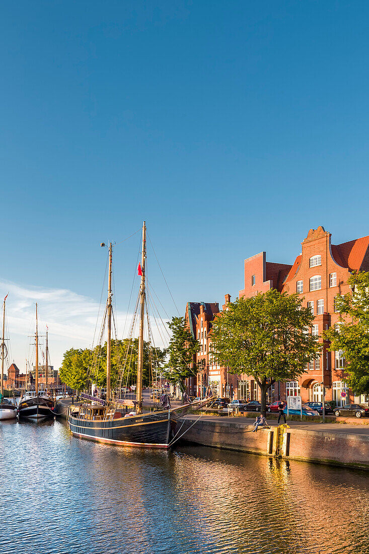 View over river Trave towards old town, Luebeck, Baltic coast, Schleswig-Holstein, Germany