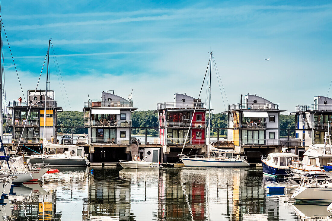 Floating houses, Marina Sonwik, Flensburg, Baltic coast, Schleswig-Holstein, Germany