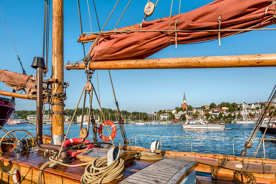 View over Flensburg fjord with traditional yachts, Flensburg, Baltic coast, Schleswig-Holstein, Germany