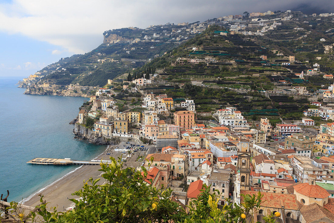 Minori, beach, cathedral, lemons and terraces, elevated view, Amalfi Coast, UNESCO World Heritage Site, Campania, Italy, Europe