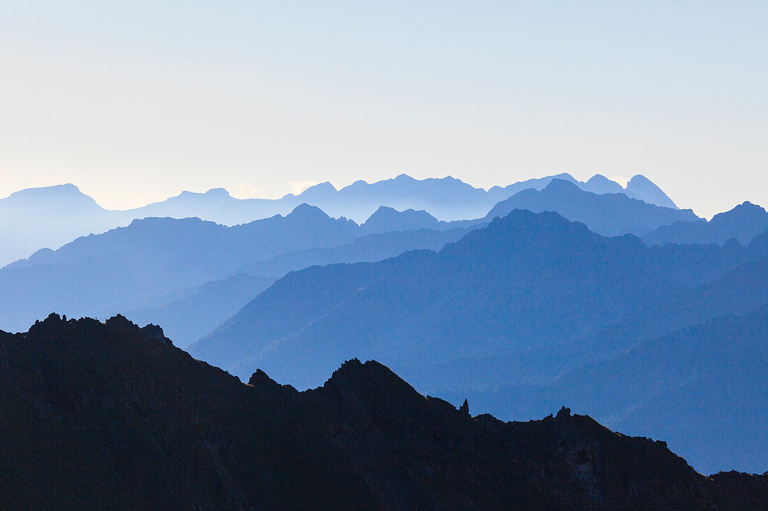 Profiles of peaks of Brenta Dolomites from Tonale Pass, Valcamonica, border of Lombardy and Trentino-Alto Adige, Italy, Europe