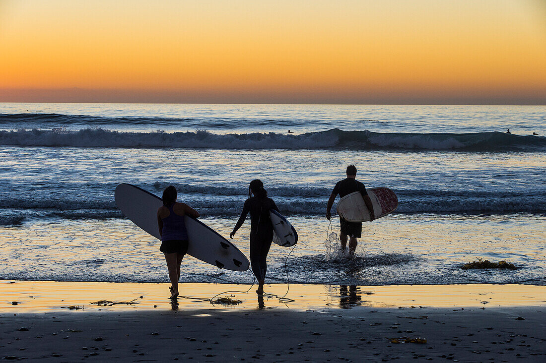 Surfer gehen mit ihren Surfbrettern im Meer bei Sonnenuntergang, Del Mar, Kalifornien, Vereinigte Staaten von Amerika, Nordamerika
