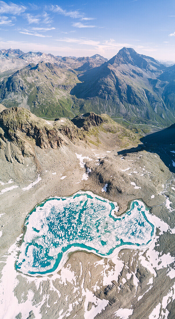 Panoramic of Julier Pass and Lej Lagrev during the thaw, St, Moritz, Engadine, canton of Graubünden, Switzerland, Europe