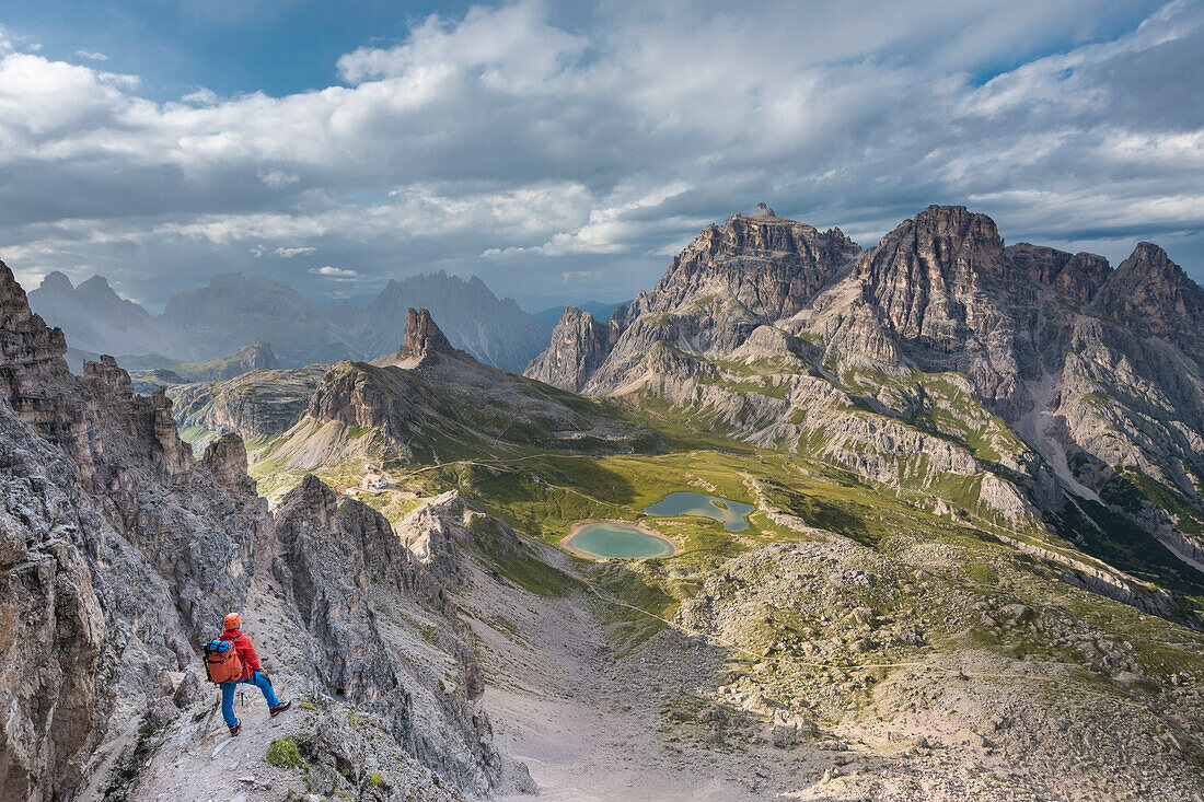 'Sesto / Sexten, province of Bolzano, Dolomites, South Tyrol, Italy, Climber on the via ferrata ''De Luca-Innerkofler'' to the Mount Paterno'