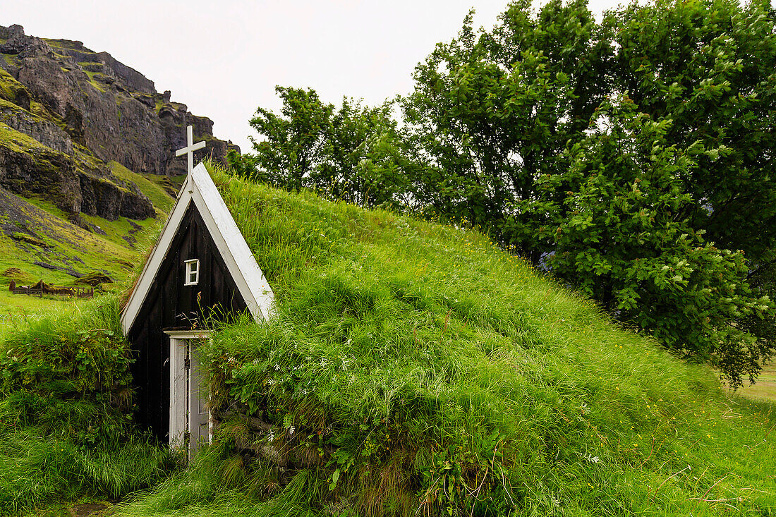 Kirchendach in Island mit Gras bedeckt