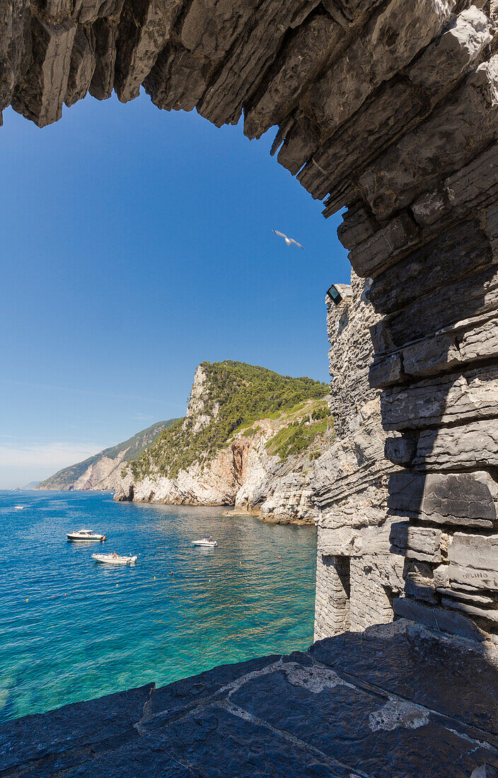 View of the sea from window of St. Peter Church in Portovenere Village, Liguria, Italy