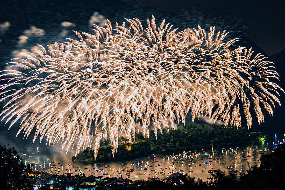 Fireworks during San Giovanni Festival on the Isola Comacina, Sala Comacina, Como province, Lombardia, Italy, Europe