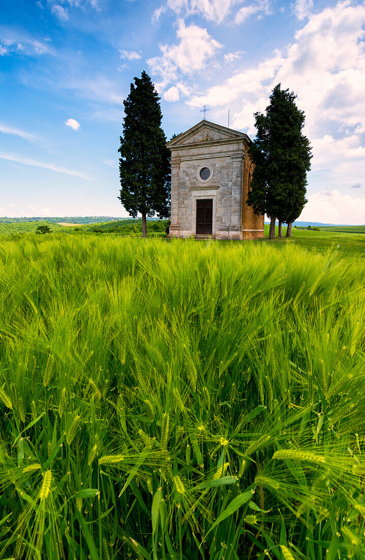 Kapelle von Vitaleta im Orcia-Tal, Toskana-Bezirk, Siena-Provinz, Italien, Europa.