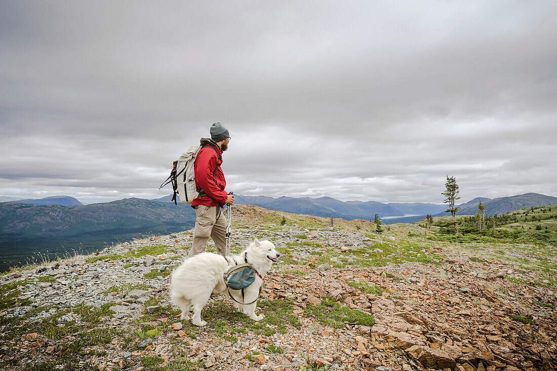 Male hiker with dog Monarch Mountain British Columbia