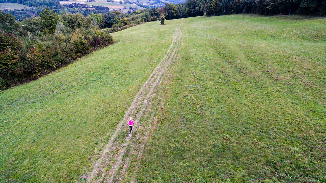 aerial view of a woman running across the hills close to Eloise in France, with forests in the background and a large space of grass