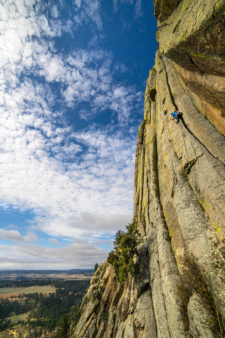 A male rock climber leads a pitch on Devil's Tower, Wyoming.