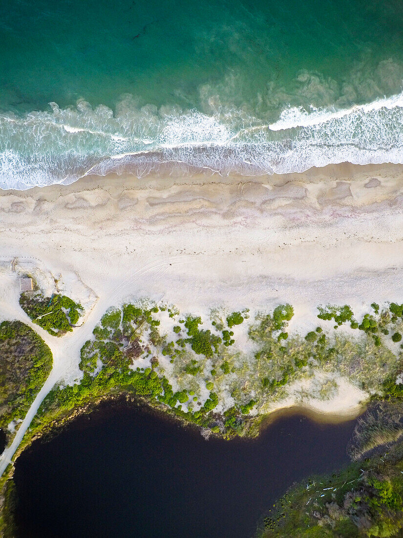 Overhead vertical drone aerial of Rhode Island beach