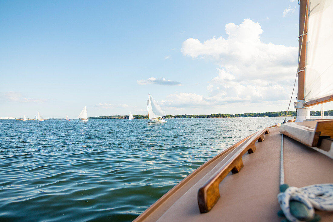 Klassische hölzerne catboats, die während eines Sommernachmittages auf Narragansett-Bucht segeln
